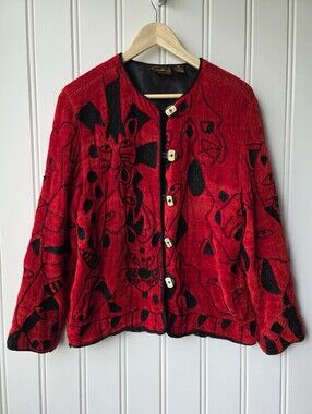 Vintage Allure Boutique Embroidered Art To Wear Cat Cardigan Jacket Red Medium